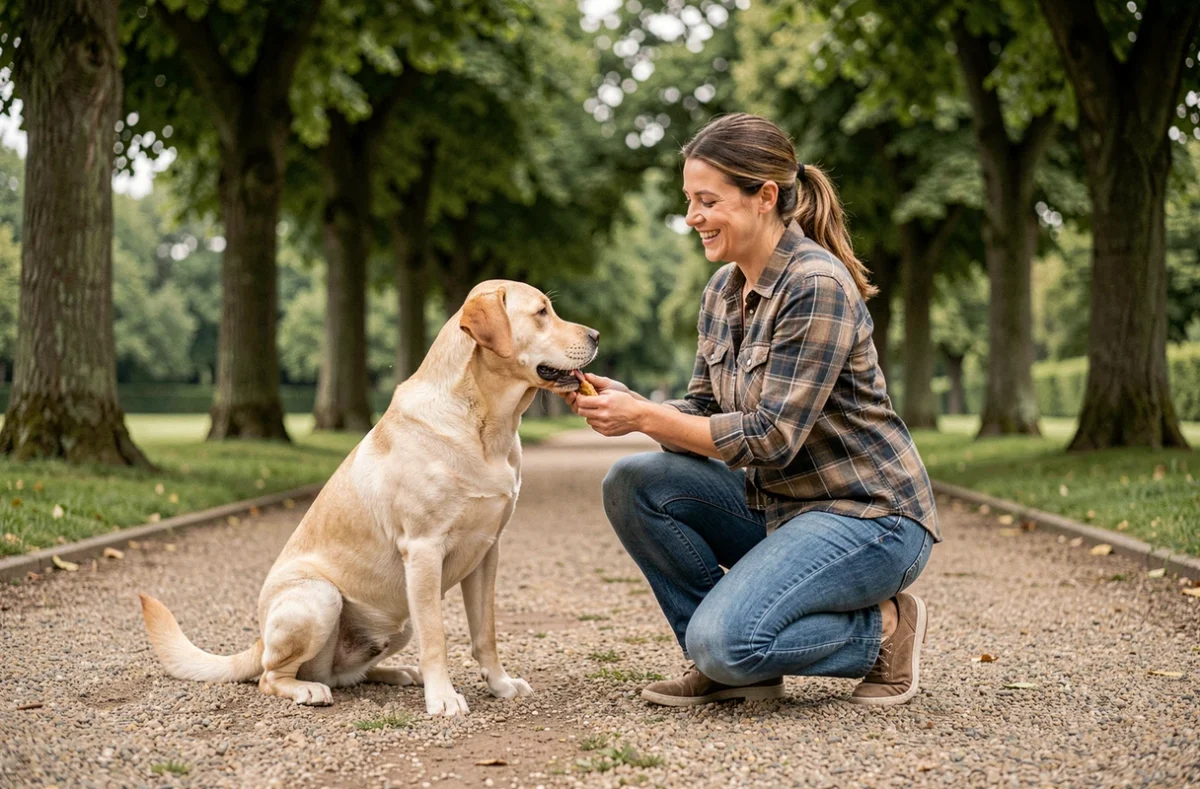Éducatrice A La Bonne Patte récompensant un labrador avec une friandise dans un parc normand