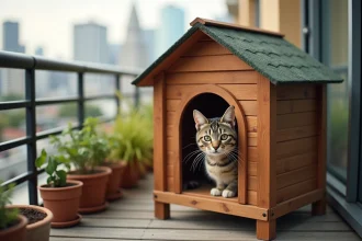 Abri chat extérieur en bois sur un balcon urbain avec un chat tigré regardant par l'entrée