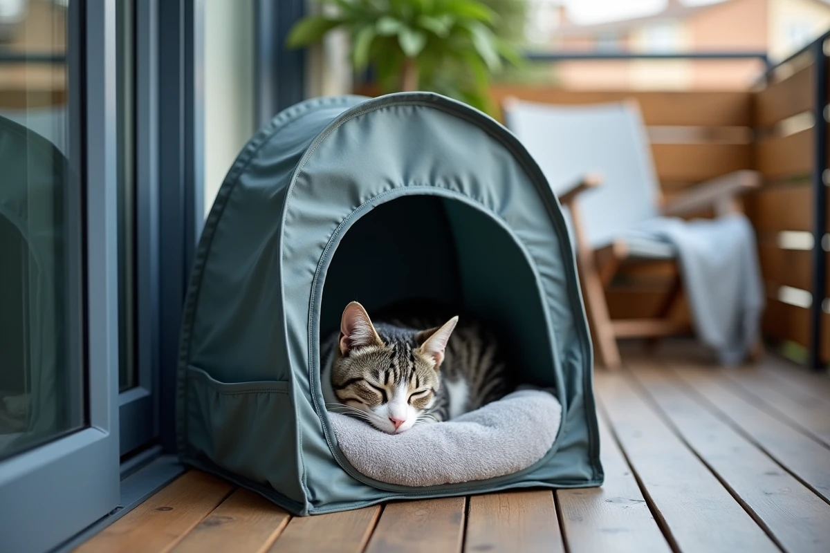 Abri chat pliable en tissu imperméable sur un petit balcon avec un chat gris et blanc endormi