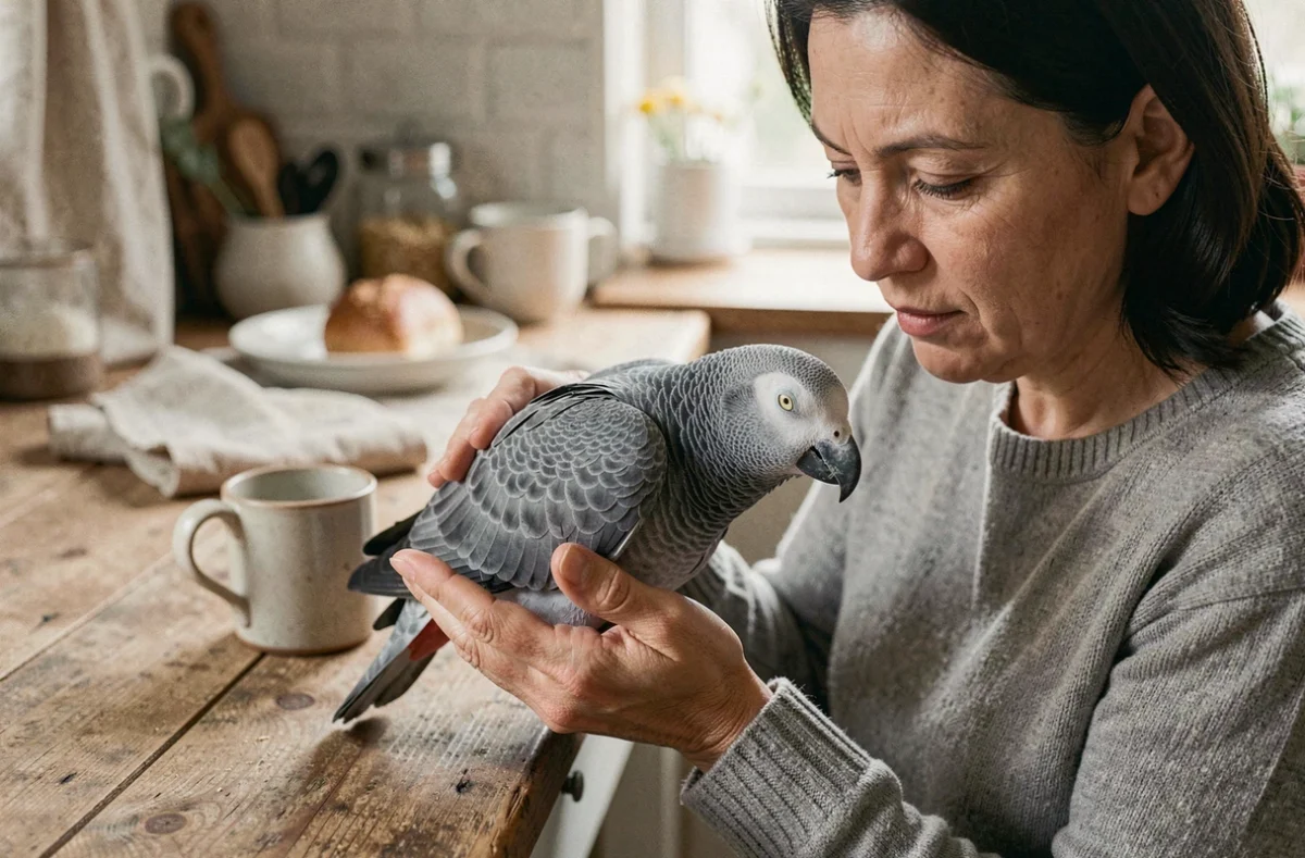 Femme tenant délicatement un vieux perroquet gris du Gabon dans ses mains avec une expression bienveillante et apaisante