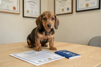 Chiot teckel assis sur une table à côté d'un carnet de santé et d'un pedigree, documents nécessaires à l'achat d'un teckel chez un éleveur