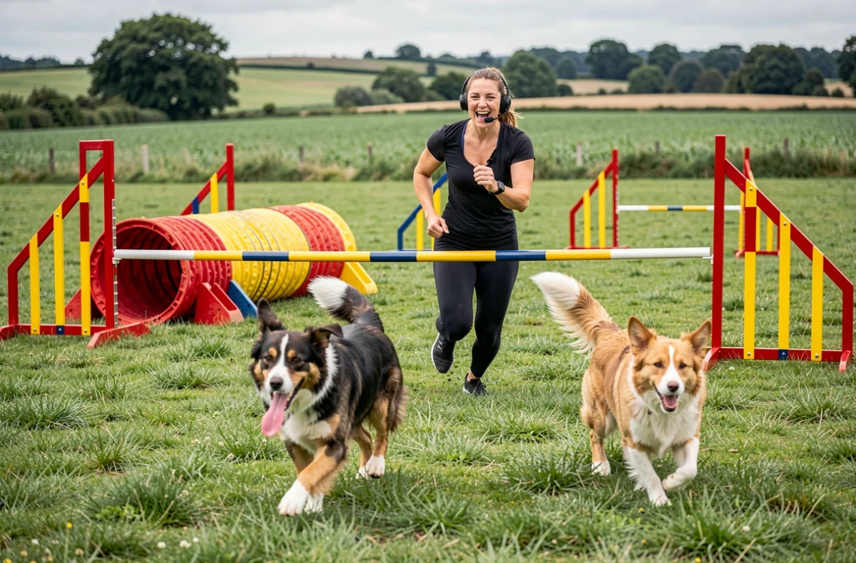 Éducatrice Activ'Dog animant un parcours d'agility dynamique avec plusieurs chiens en Normandie