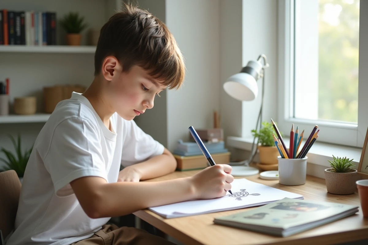 Adolescent dessinant une tortue dans un carnet à son bureau