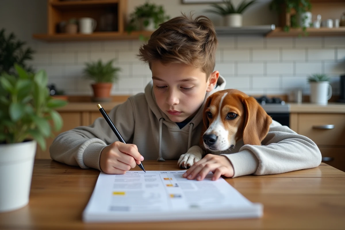 Adolescent responsable avec un beagle à la maison