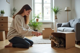 Femme en pull beige accueillant un chat tigré timide dans un appartement de Grenoble lors de son adoption