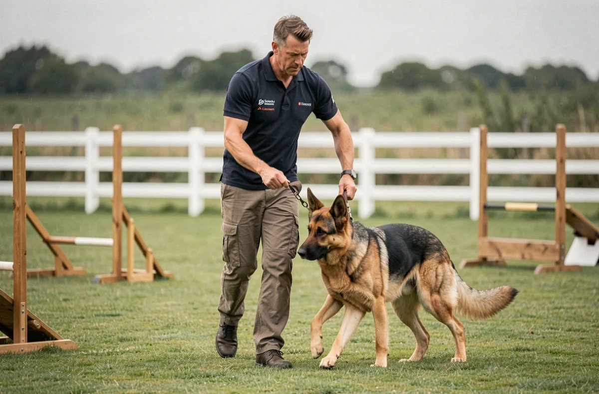 Éducateur canin Adrien Pro-Educ guidant un berger allemand lors d'un exercice de dressage en plein air