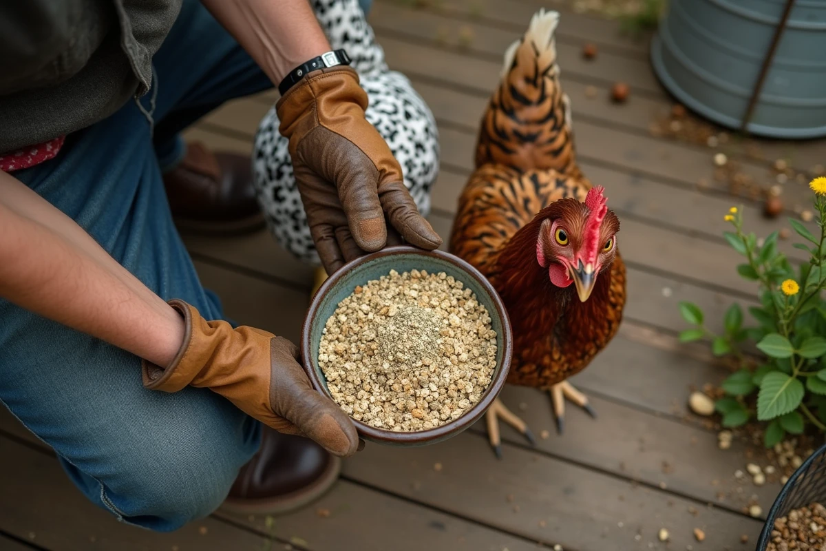 Mains de fermier offrant une alimentation équilibrée à des poules pondeuses dans une basse-cour