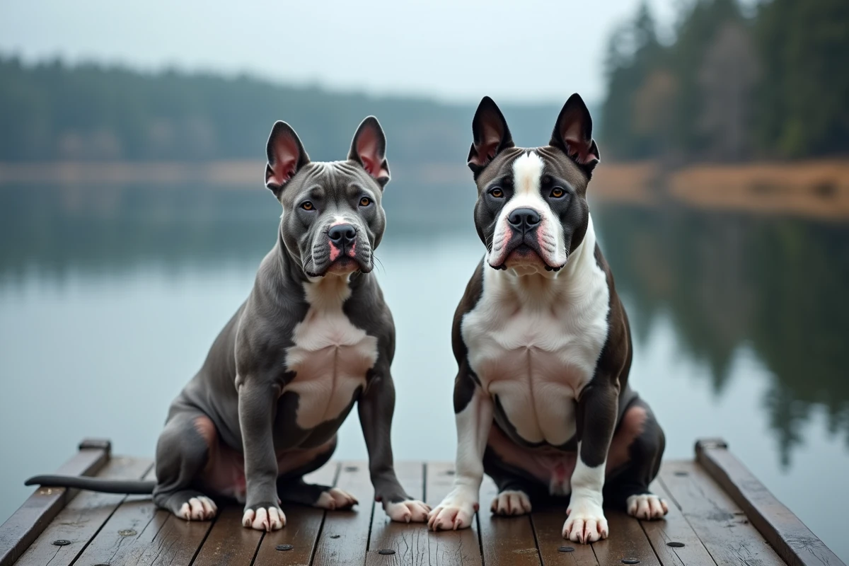 Deux American Bully aux couleurs rares lilas tricolore et bleu merle côte à côte sur un ponton en bois au bord d'un lac