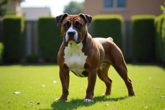 American Bully en position de show sur pelouse verte, morphologie musclée et tête massive visible