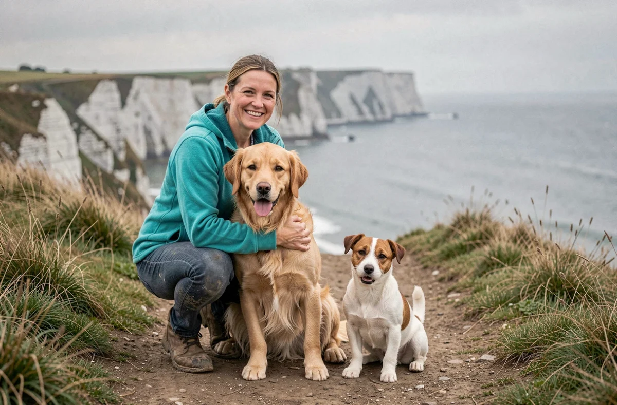 Éducatrice Amisdog 76 avec deux chiens heureux sur les falaises côtières de Seine-Maritime en Normandie