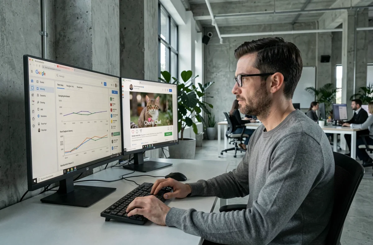 Responsable SEO analysant les tendances Google autour des mots-clés Chérie FM et Chérie Chat sur un double écran
