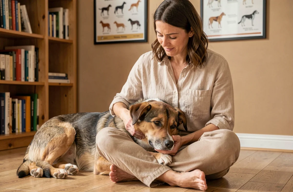 Comportementaliste d'Animal Ensemble en séance individuelle avec un chien craintif dans un espace intérieur chaleureux