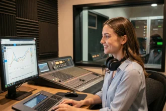 Animatrice radio dans un studio FM professionnel devant un écran affichant des statistiques Google pour Chérie FM