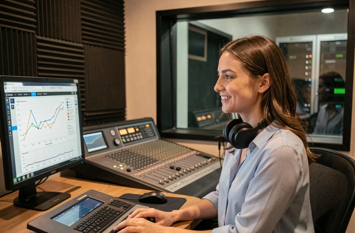 Animatrice radio dans un studio FM professionnel devant un écran affichant des statistiques Google pour Chérie FM