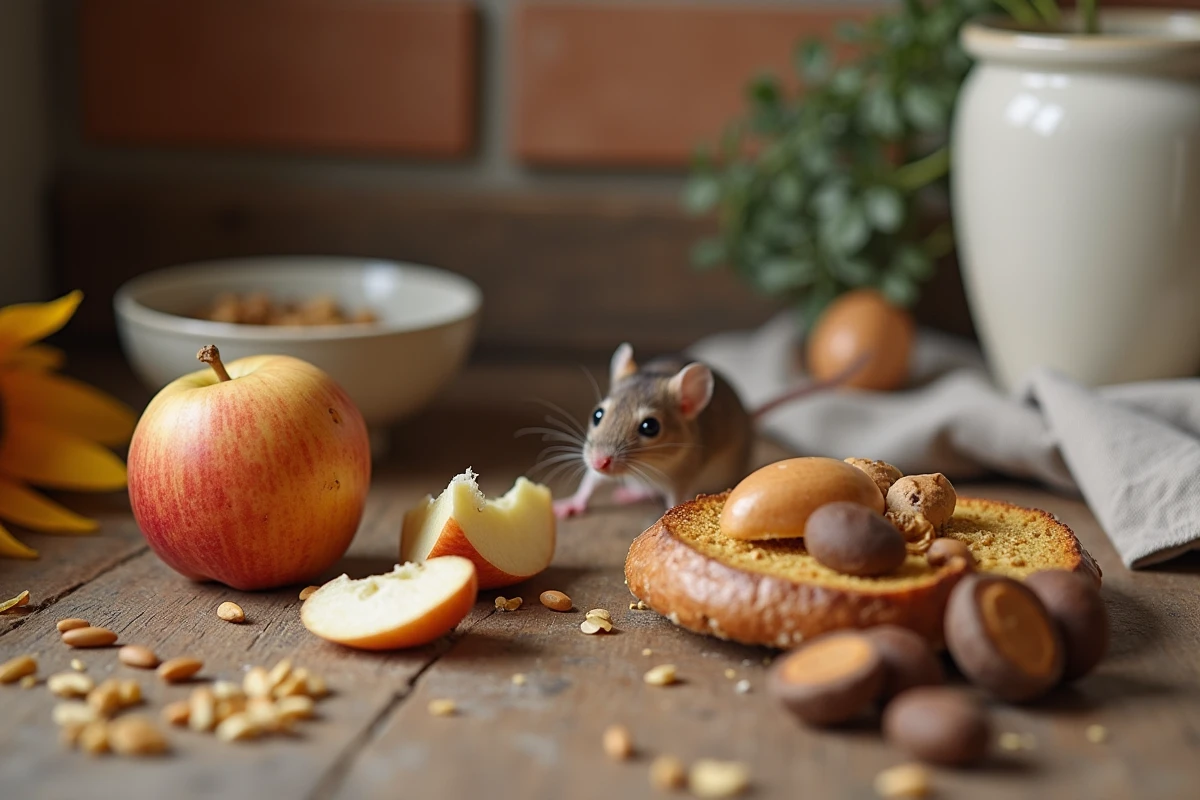 Aliments attirant les mulots dans une cuisine rustique avec miettes, graines et fruits secs