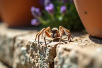 Araignée maison brune sur un mur en pierre de Provence, gros plan macro réaliste