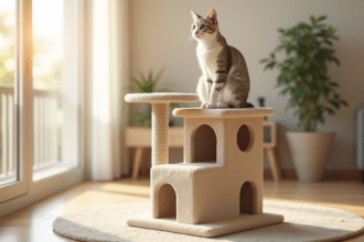 Arbre à chat beige moderne dans un salon lumineux