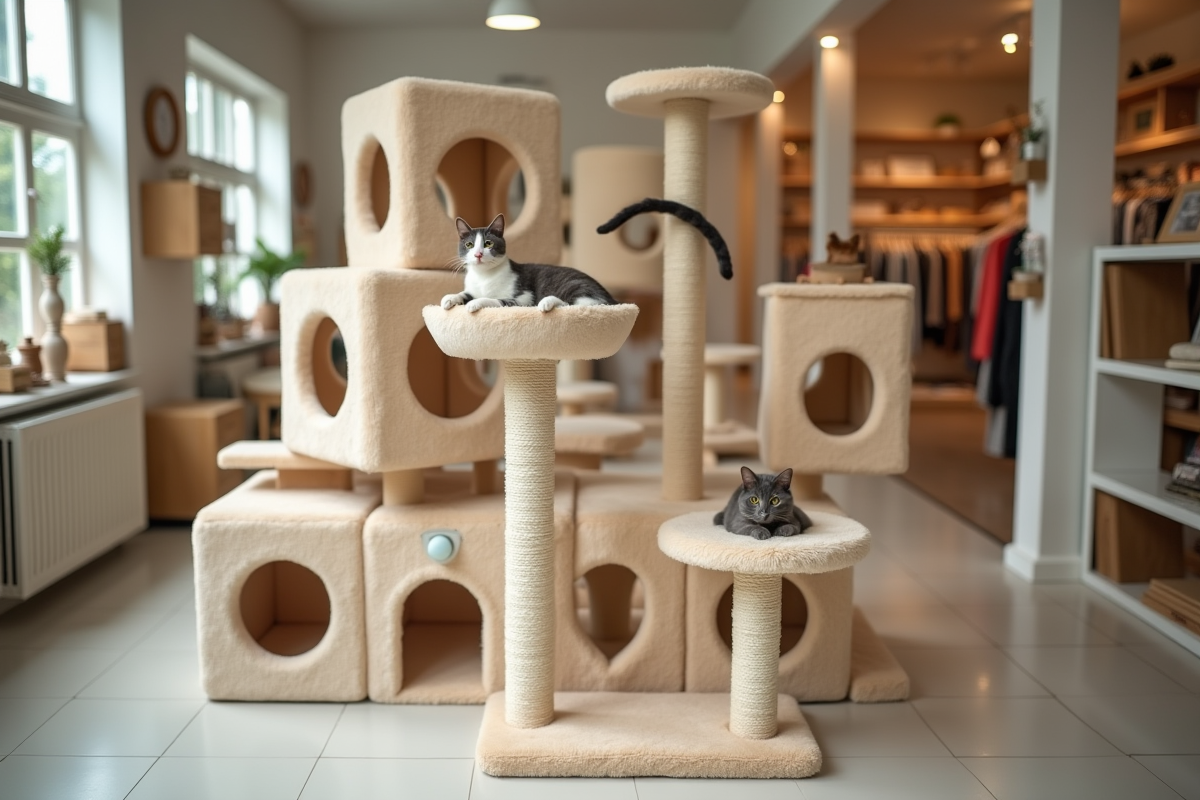 Plusieurs arbres à chat beige en magasin pour animaux