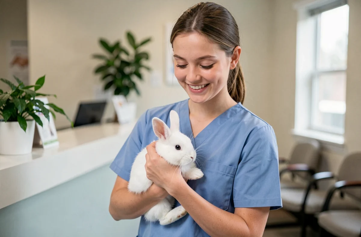 Assistante vétérinaire tenant un lapin blanc dans la salle d'attente d'une clinique vétérinaire