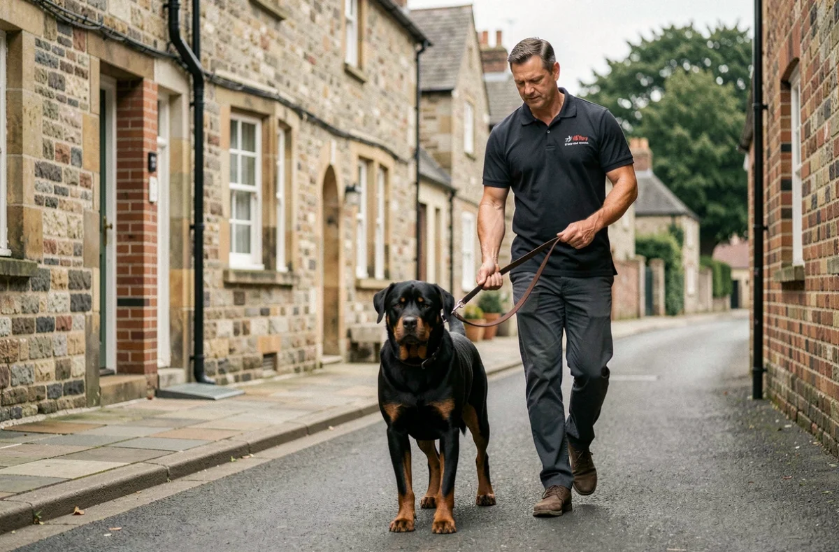 Professionnel d'Autour du Chien Services Canins pratiquant la marche en laisse détendue avec un rottweiler en Normandie