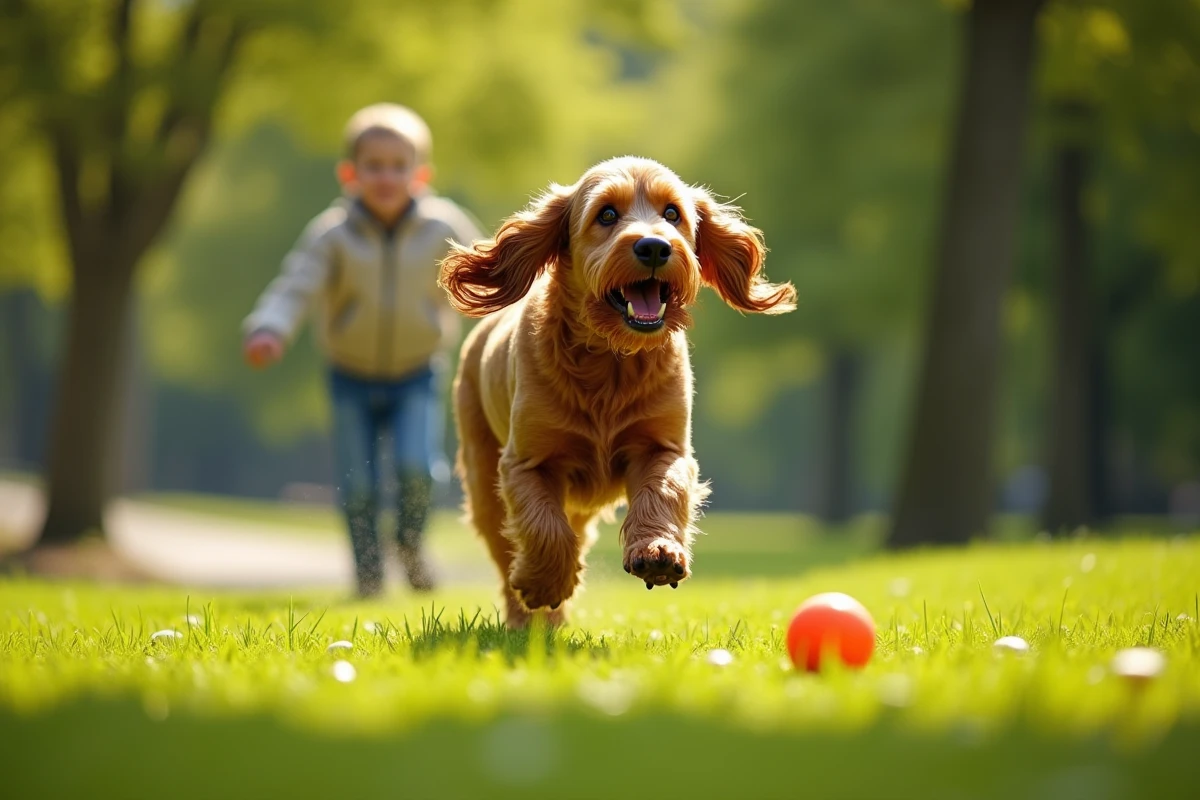 Chien Basset Griffon Vendéen courant dans un parc ensoleille