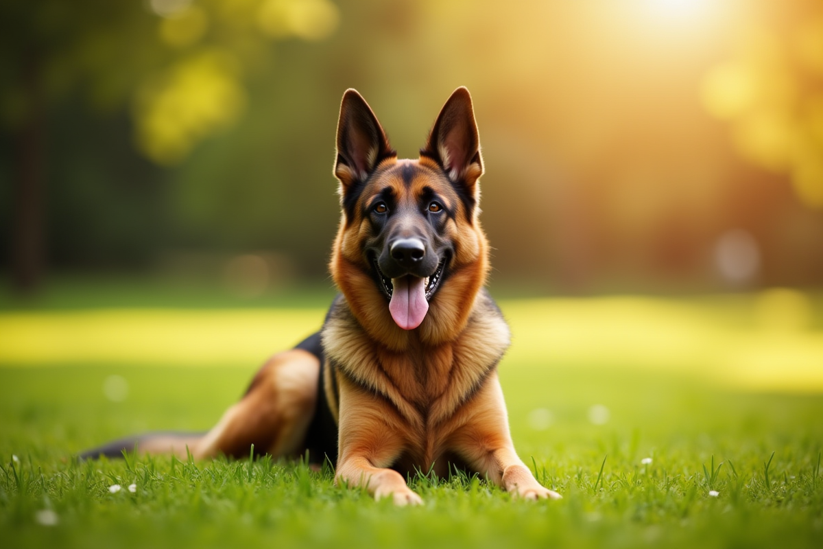 Chien berger allemand assis fièrement dans un parc ensoleille