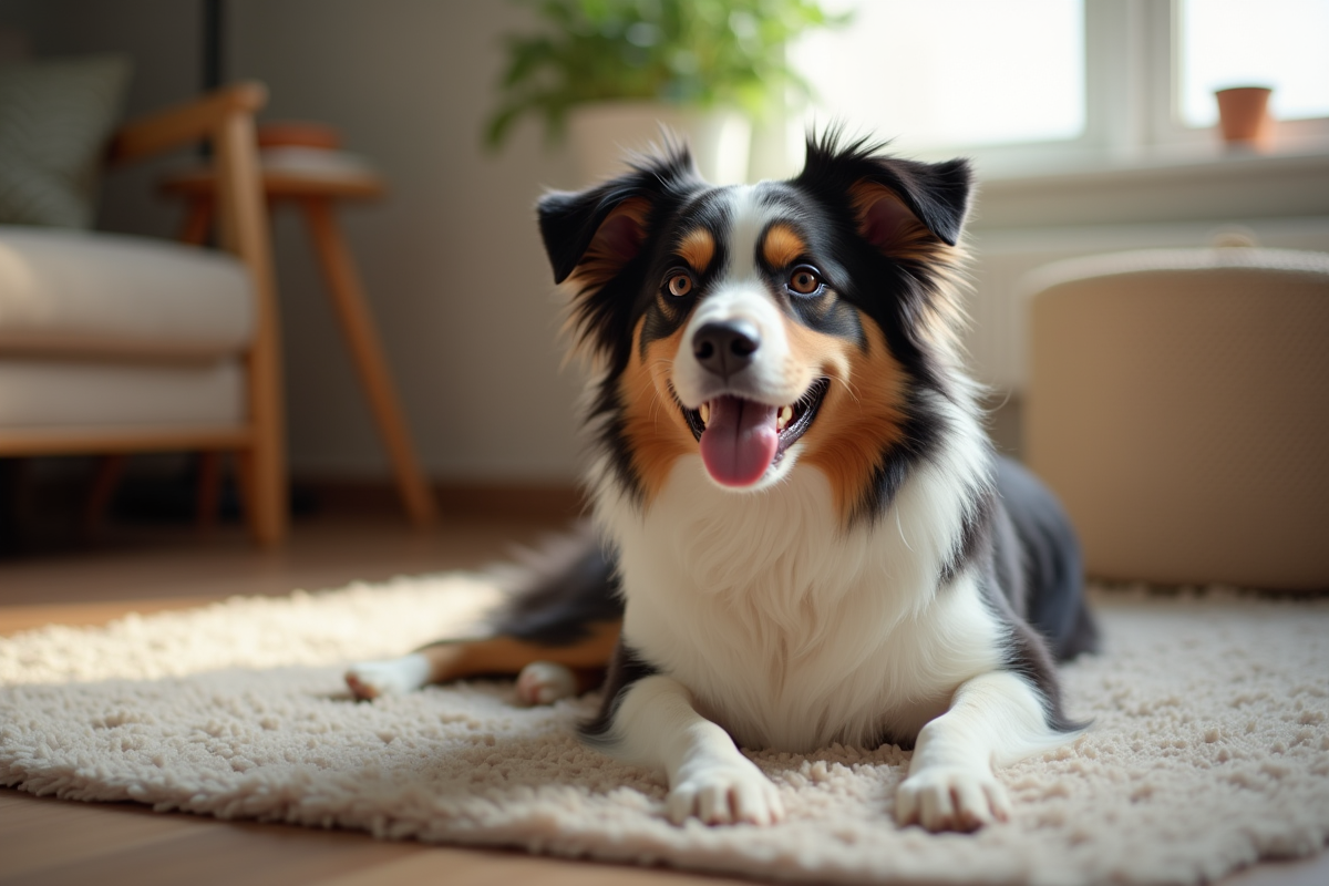 Chien berger australien allongé dans un salon lumineux près d