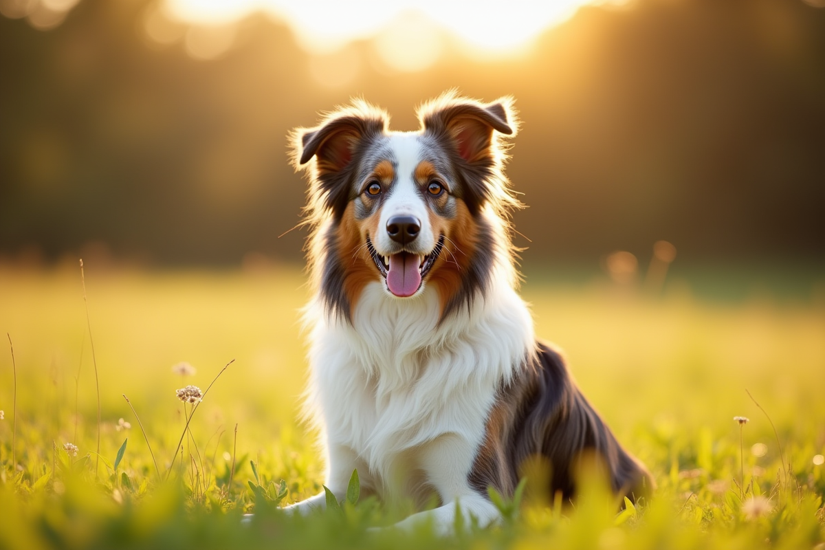 Chien berger australien tricolore en plein air dans un pré ensoleillé