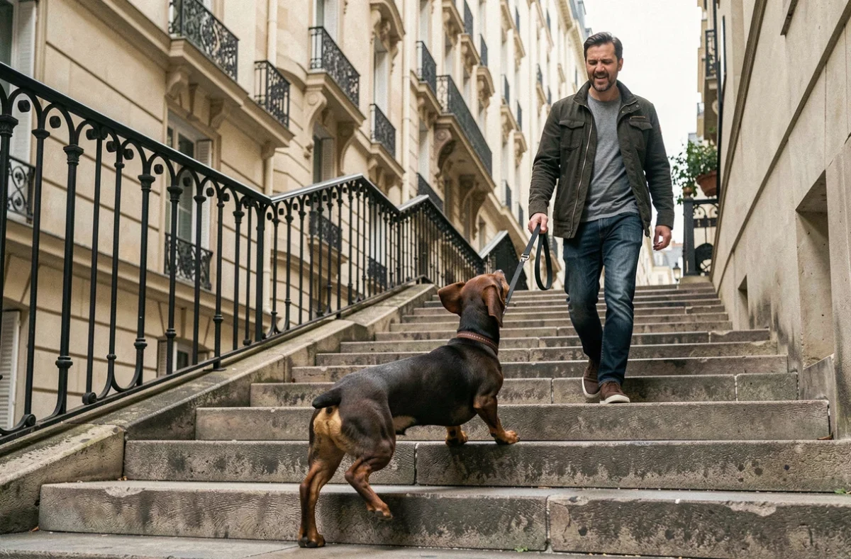 Un teckel tirant énergiquement sur sa laisse dans une rue parisienne escarpée, illustrant son besoin d'exercice sous-estimé