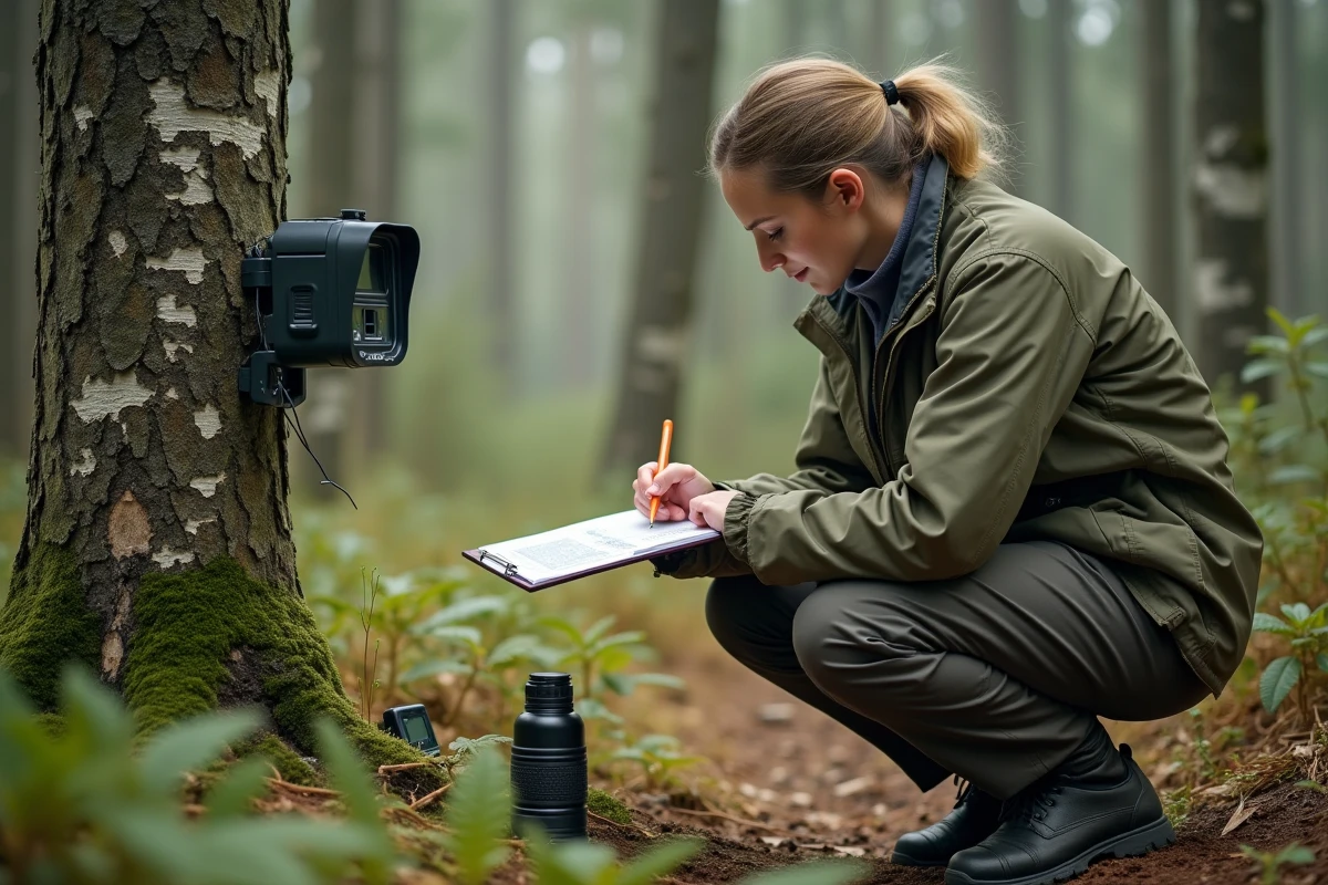 Biologiste de la conservation installant un piège photographique dans la forêt pour surveiller le léopard de l'Amour en danger critique d'extinction