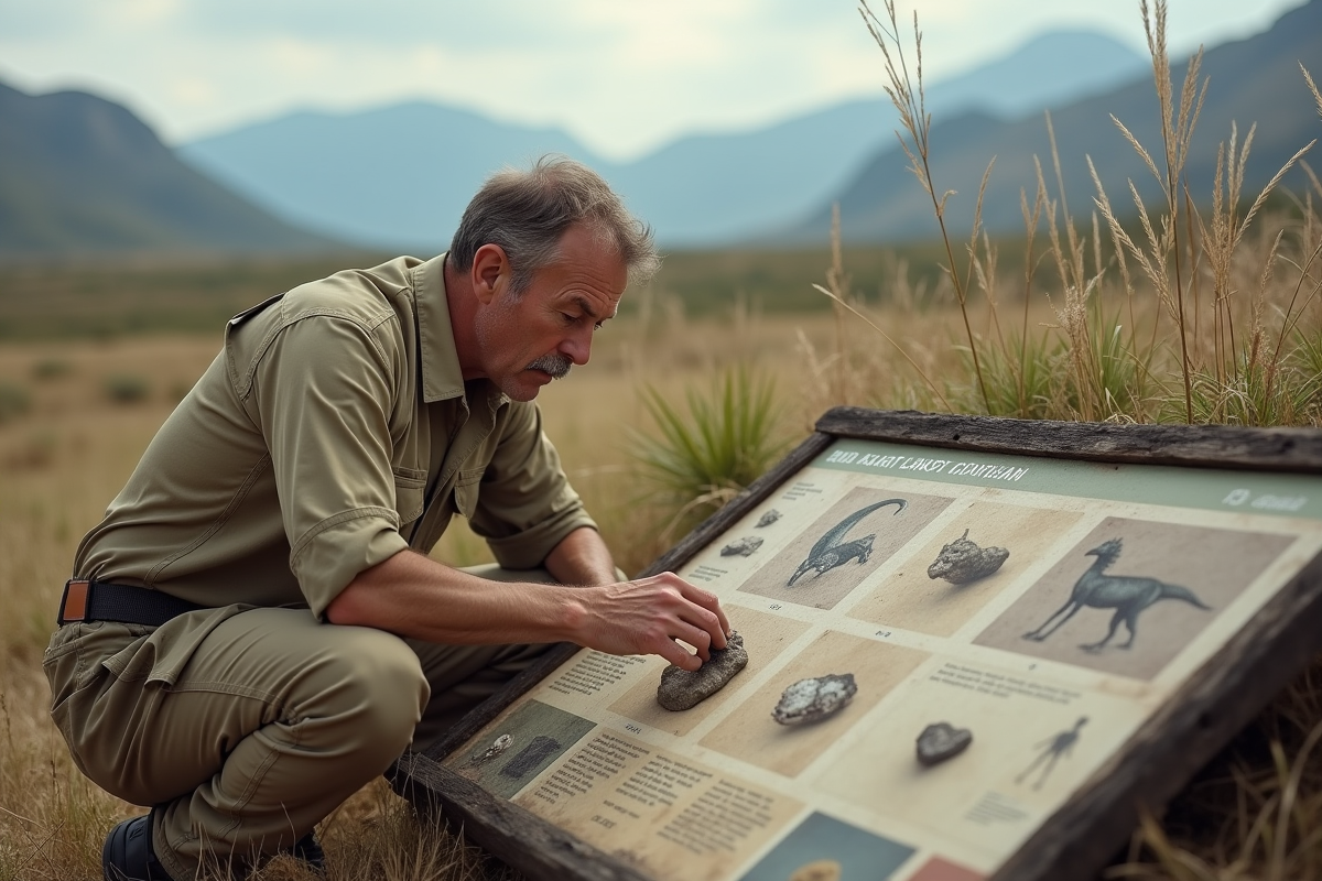 Biologiste en plein air touchant un fossile d'animaux éteints