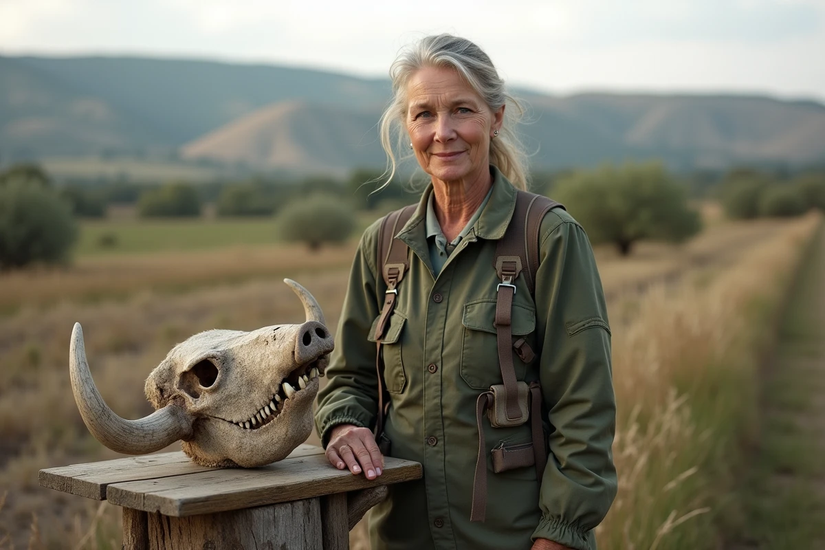 Biologiste avec tête de sanglier de record en plein air