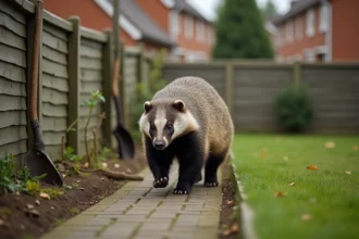 Animal blaireau européen marchant près d'une clôture de jardin