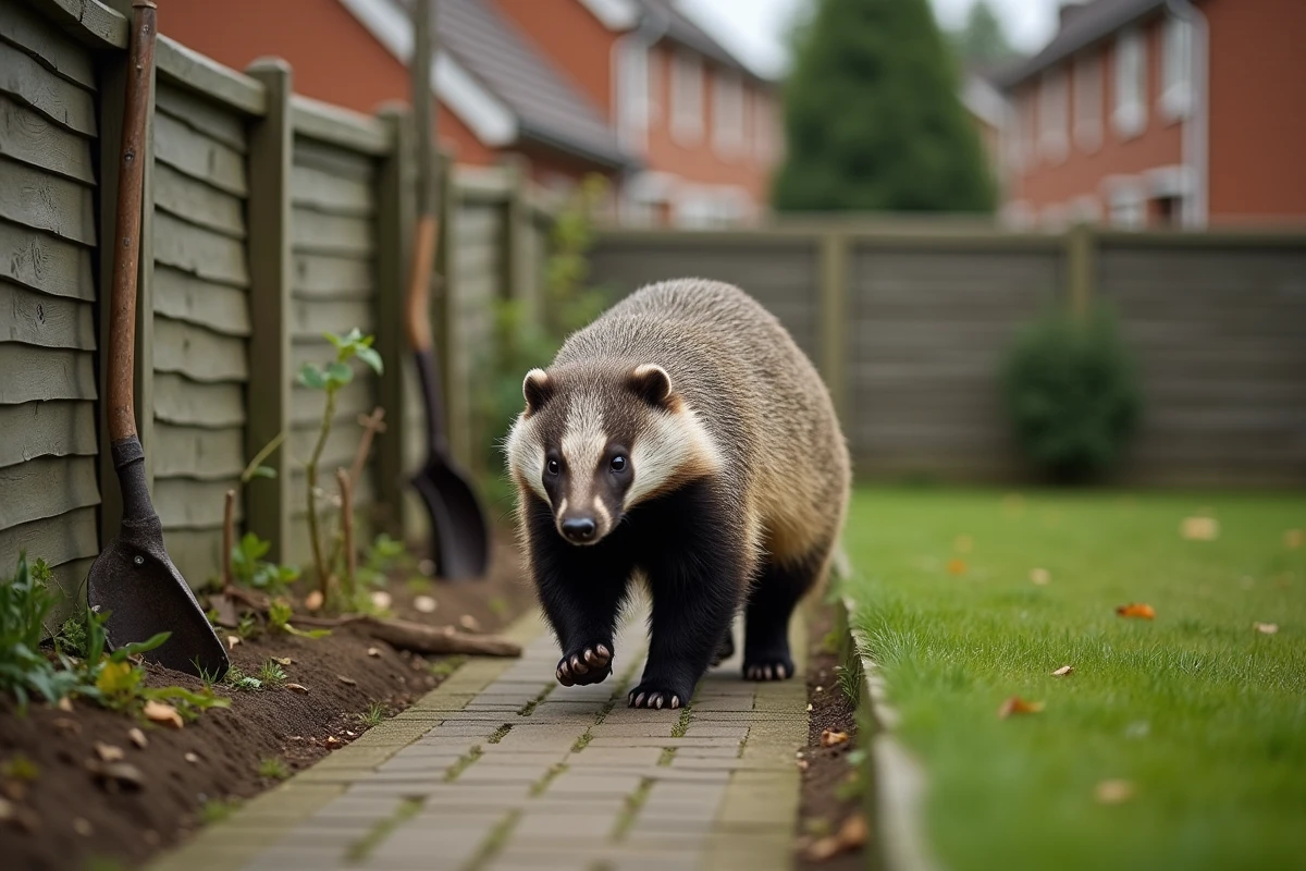 Animal blaireau européen marchant près d'une clôture de jardin