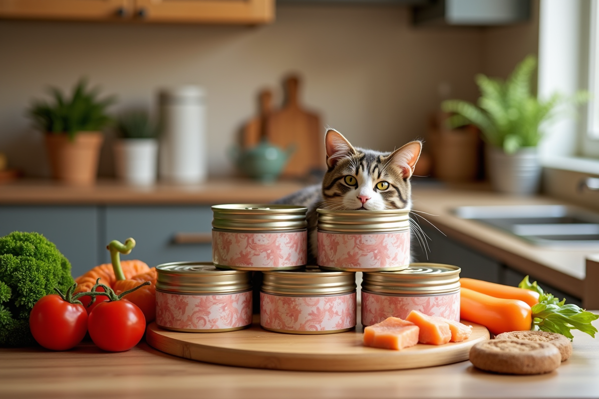 Boîtes de nourriture pour chat avec saumon poulet légumes