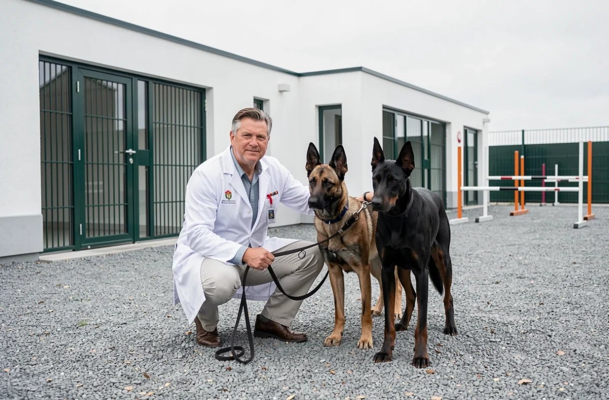 Un cynologue professionnel avec un Malinois et un Doberman dans un élevage moderne et structuré en Bretagne, illustrant l'approche professionnelle de Breitz Cyno Pro