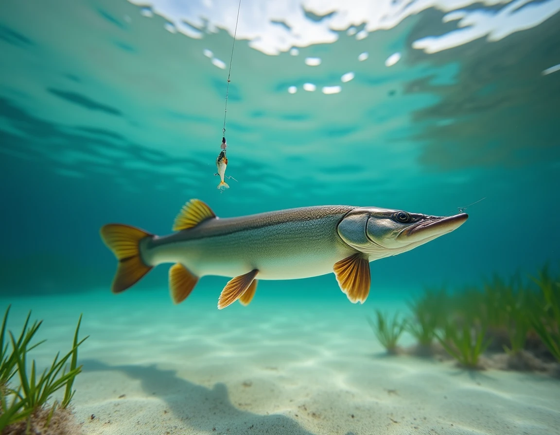 Vue sous-marine d'un brochet en eau claire avec bas de ligne fluorocarbone presque invisible