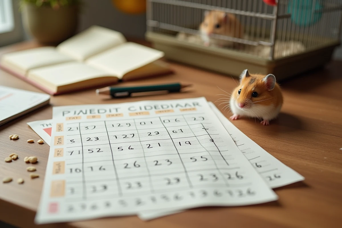 Calendrier de gestation du hamster avec notes jour par jour posé sur un bureau en bois