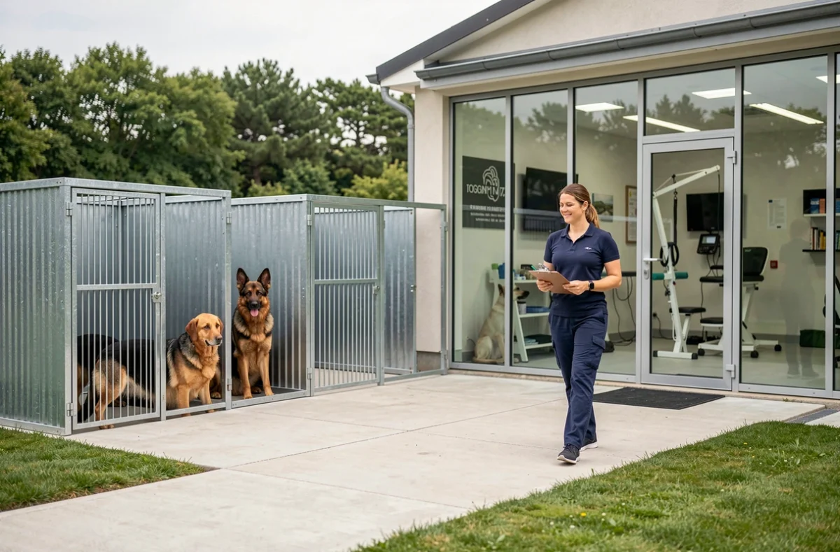 Centre canin professionnel en Bretagne combinant élevage et services, avec chenil extérieur et studio de toilettage, illustrant Cani-Breizh