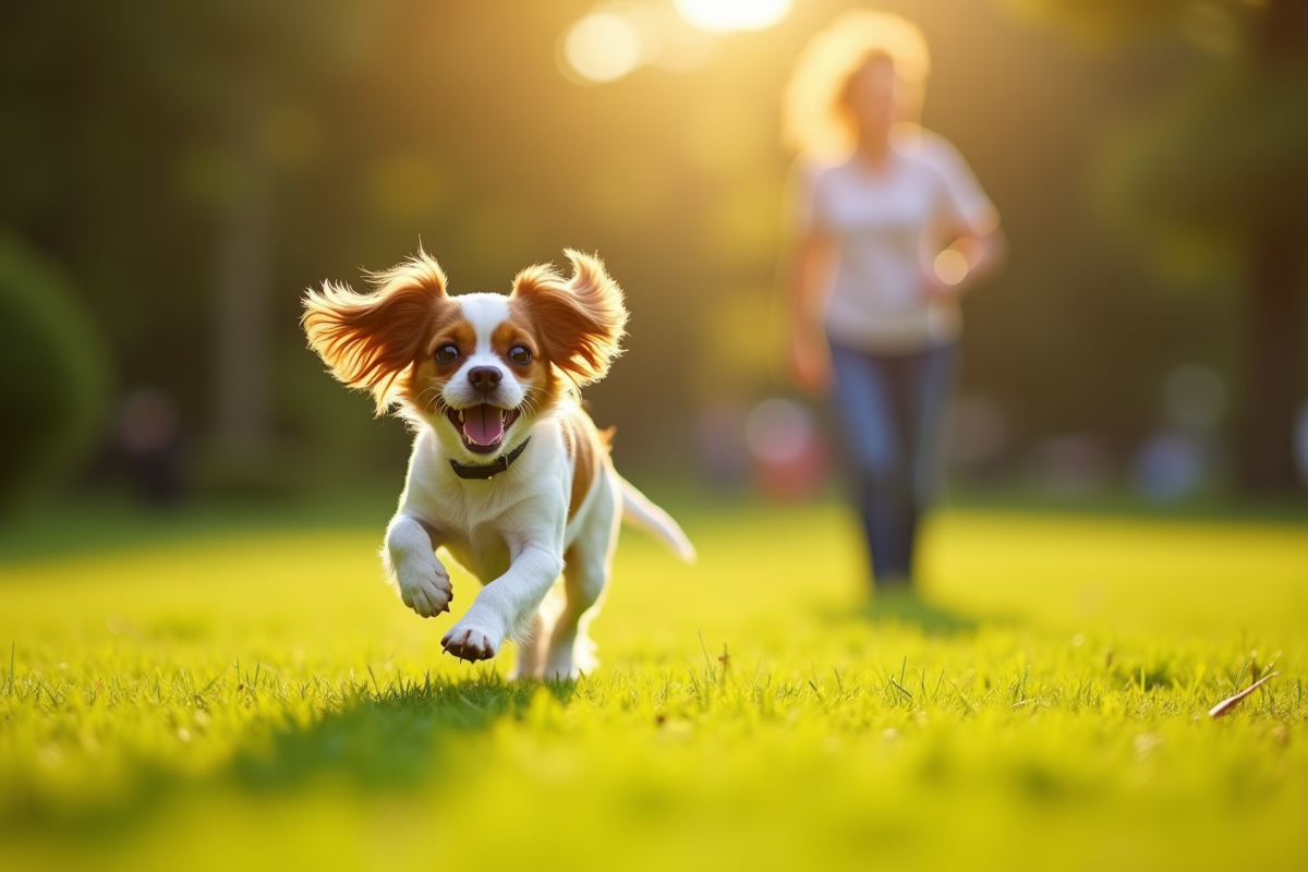 Cavalier King Charles Spaniel courant dans un parc ensoleille