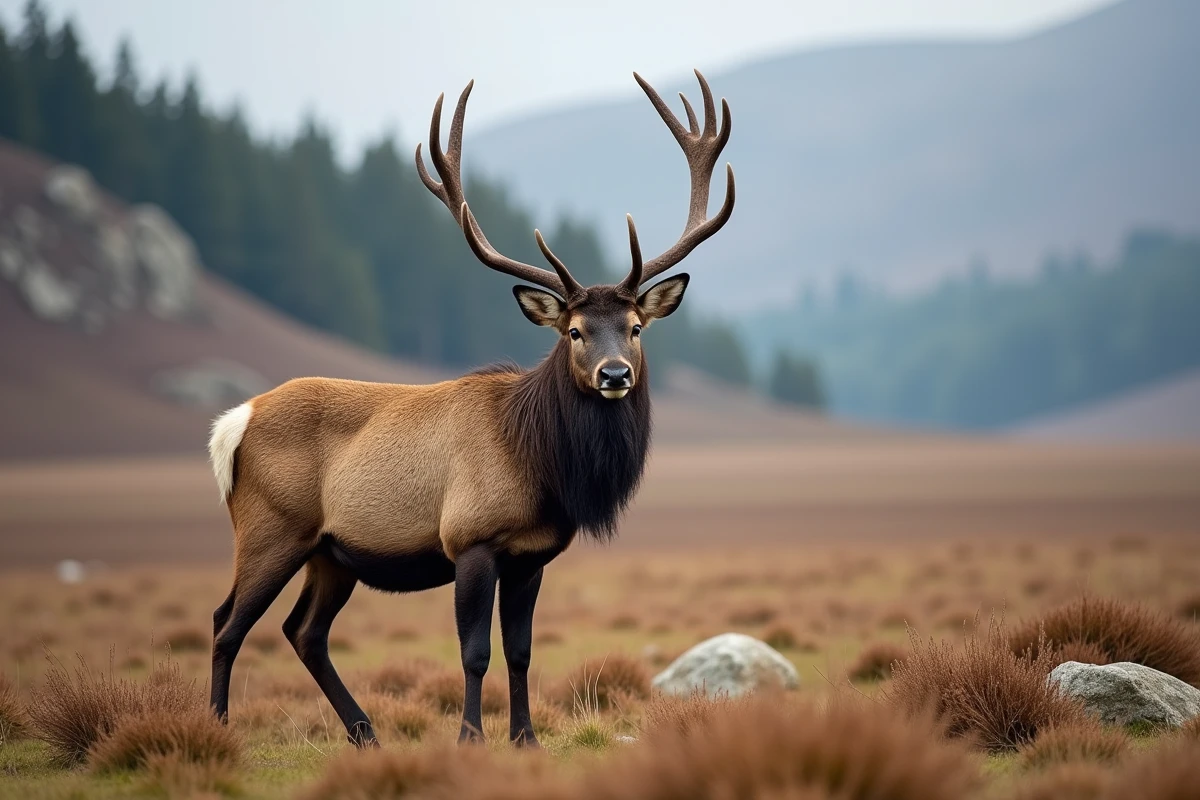 Grand cerf élaphe mâle avec bois imposants dans une prairie de montagne, illustrant la différence de taille et de corpulence avec le chevreuil
