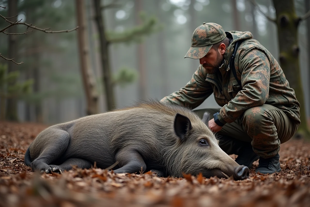 Chasseur français examinant un sanglier adulte abattu en forêt, illustration du poids et de la morphologie de l'animal