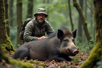 Chasseur en pleine nature avec un gros sanglier dans la forêt