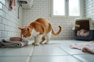 Chat roux découvrant une pièce de transition sécurisée avec gamelle et litière lors de son arrivée en appartement