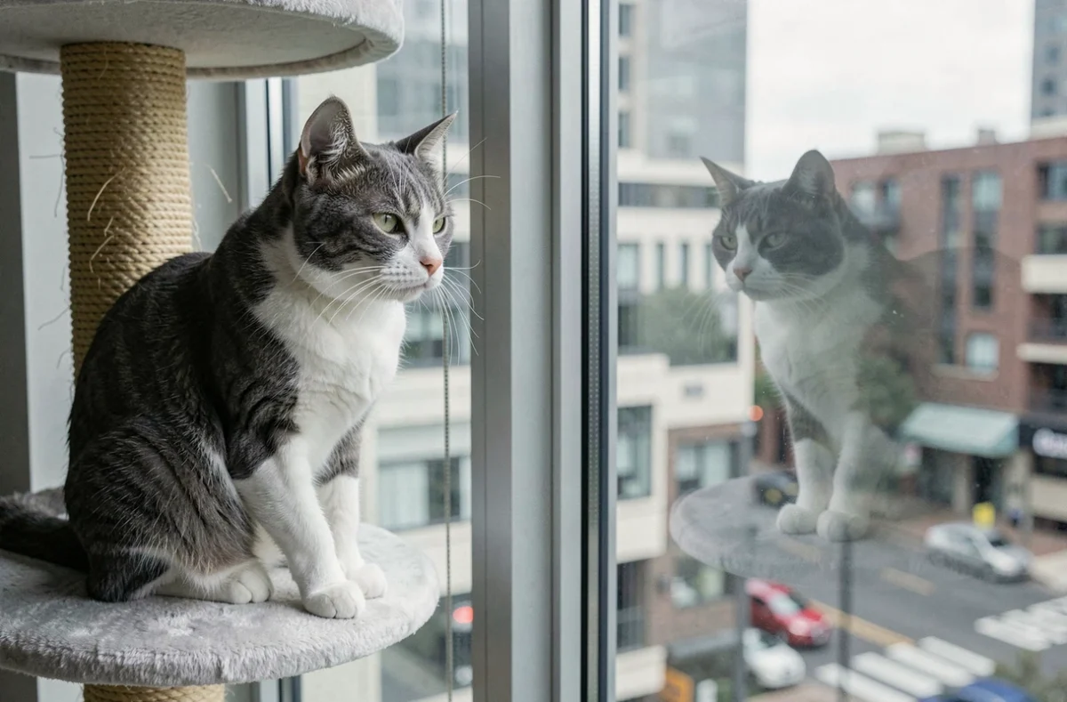Chat gris et blanc sur un arbre à chat montrant des signes d'agressivité envers un autre chat derrière une fenêtre d'appartement, illustrant les conflits territoriaux félin