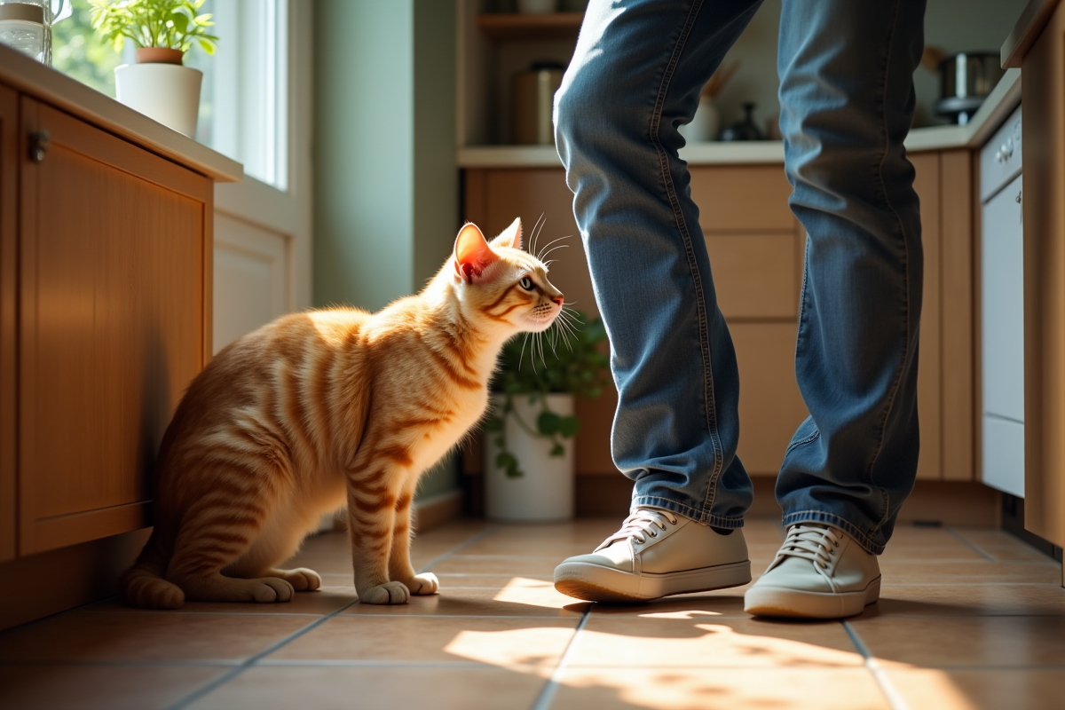 Chat ginger frottant la jambe d’un homme en cuisine