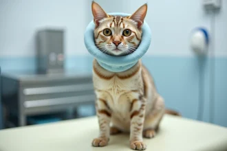 Chat tigré portant une collerette en tissu bleu sur une table d'examen vétérinaire