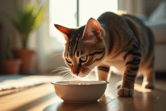 Chat domestique buvant dans un bol en salon ensoleille