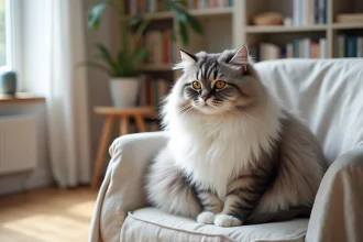 Chat Maine Coon hypoallergénique aux longs poils épais argentés assis sur un fauteuil en lin dans un salon scandinave