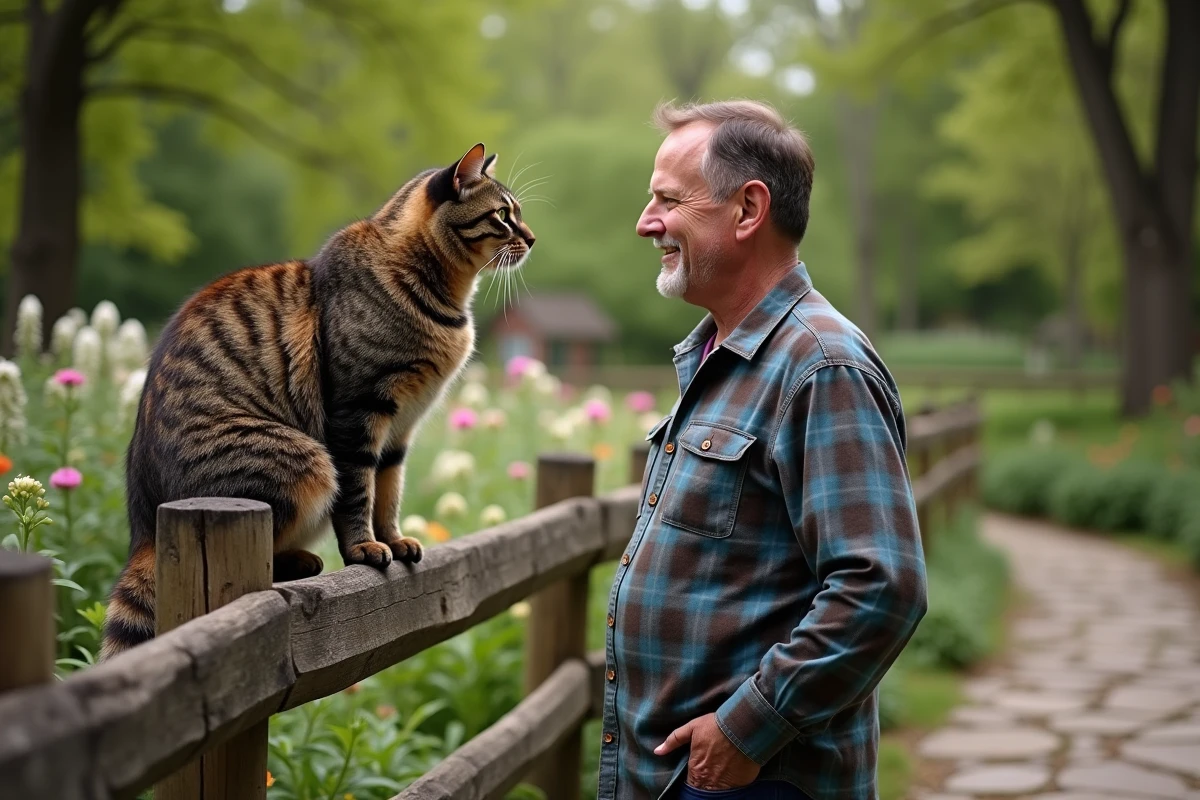 Grand chat Maine sur une clôture en bois dans un jardin